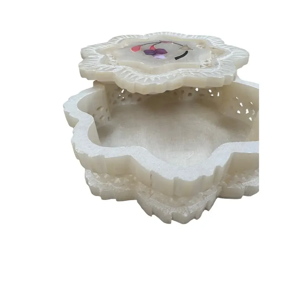 Vintage Carved Stone Trinket Box Mother of Pearl Floral Inlay Trinket Box
